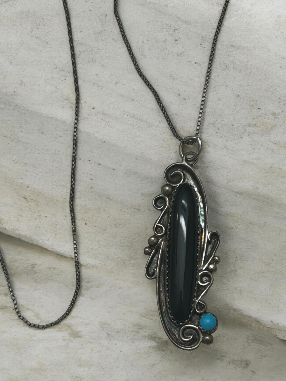 Vintage Susie Yassie Navajo Onyx Turquoise Sterling Signed Pendant Necklace